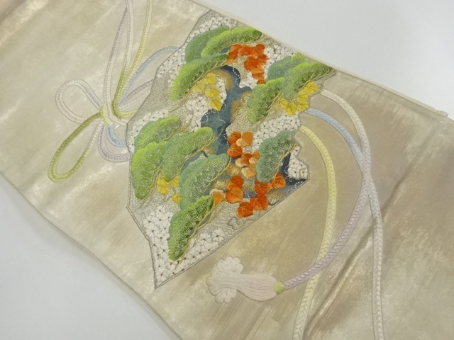 アンティーク　地紙に松・組紐模様刺繍袋帯（材料）